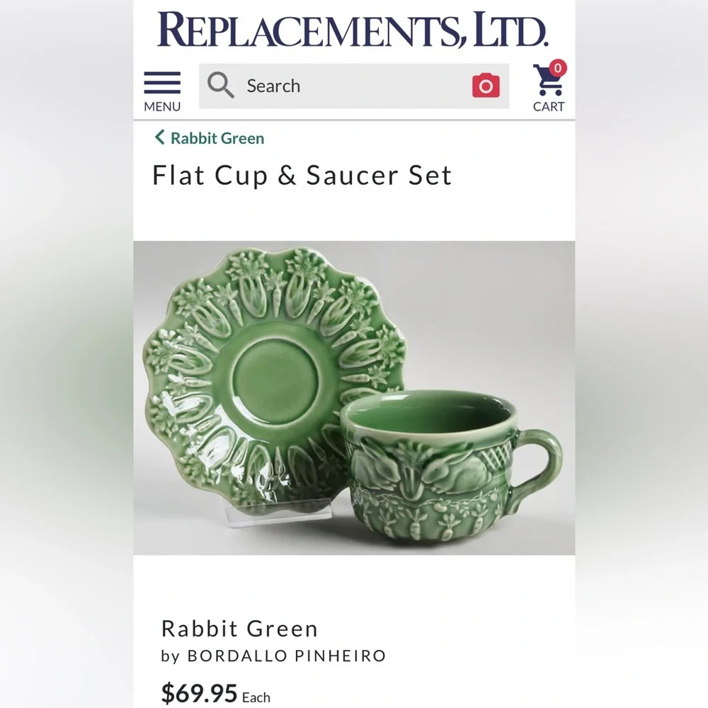 Discontinued Rabbit Green by BORDALLO PINHEIRO Rabbits Carrots Cup & Saucer Set